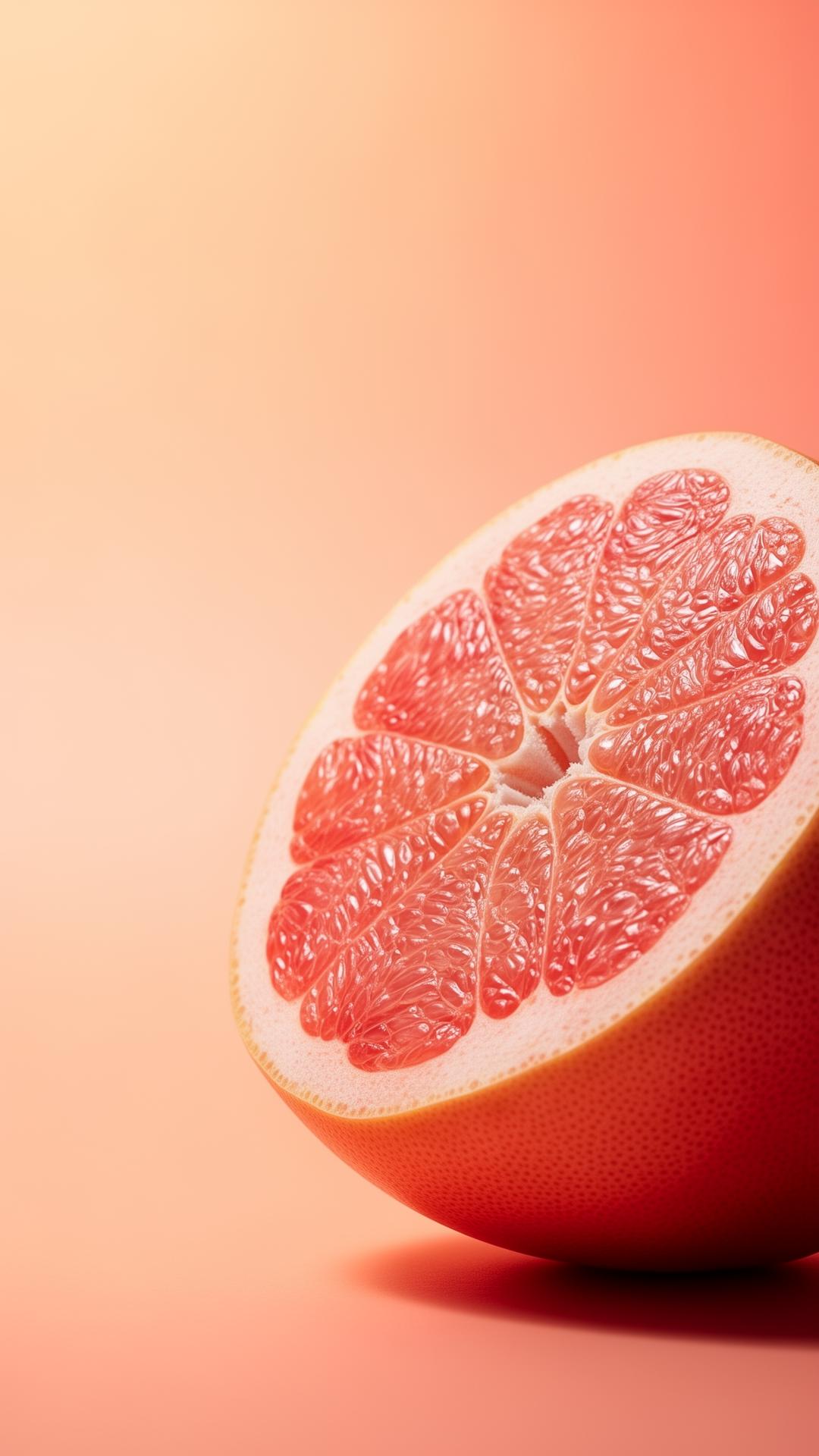 A halved pomelo on coral background